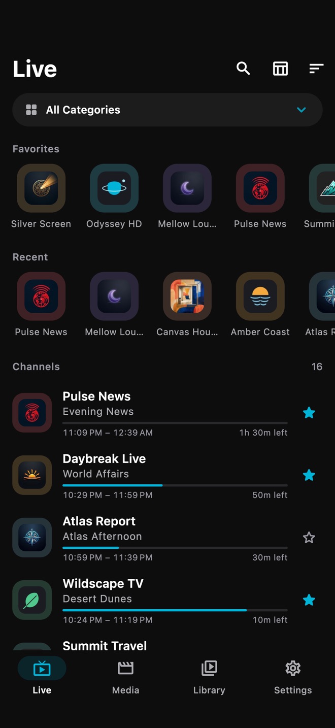 Live TV with favorite and recent channels and what's on now