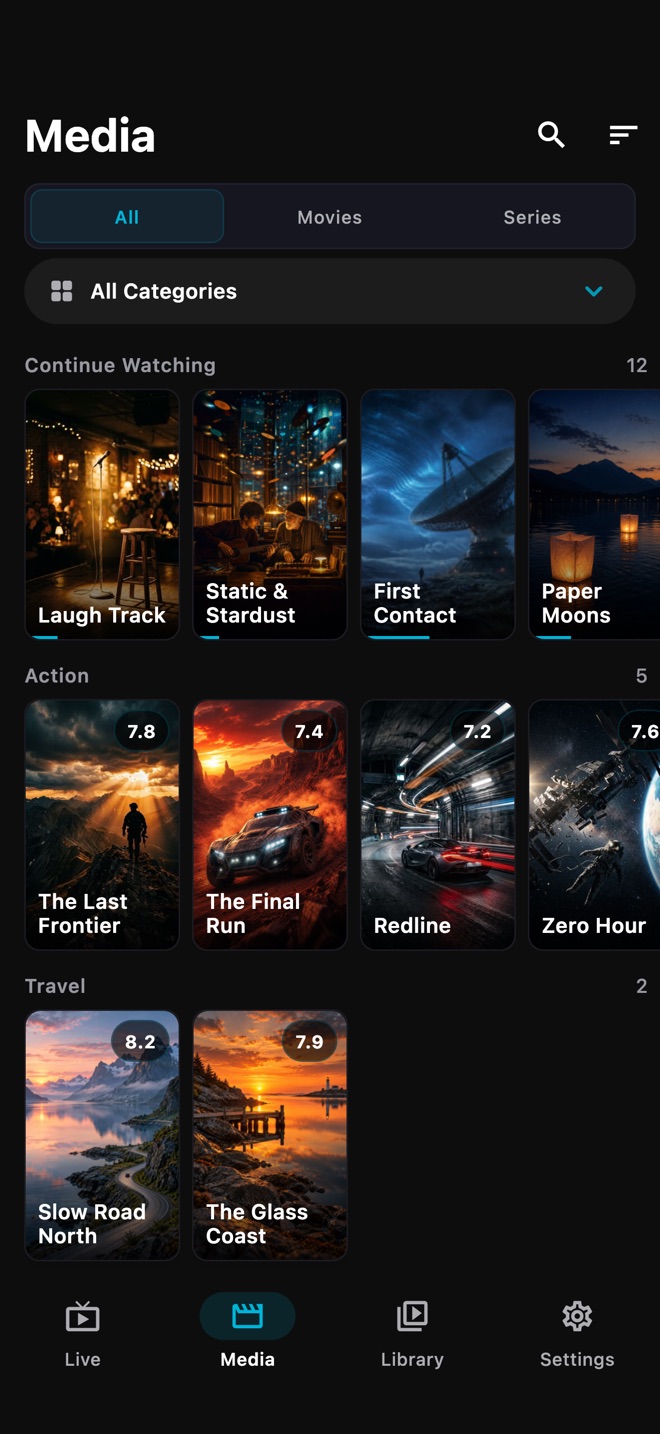 Movies and series grouped by category, with ratings